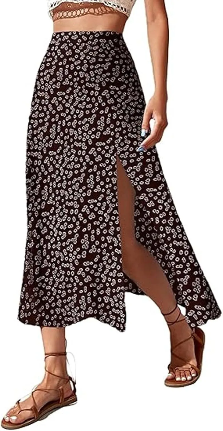 Floral Maxi Skirt for Women High Waist Side Slit Flowy Midi Skirts Boho Print 2025 Summer Vacation Beach Long Skirt