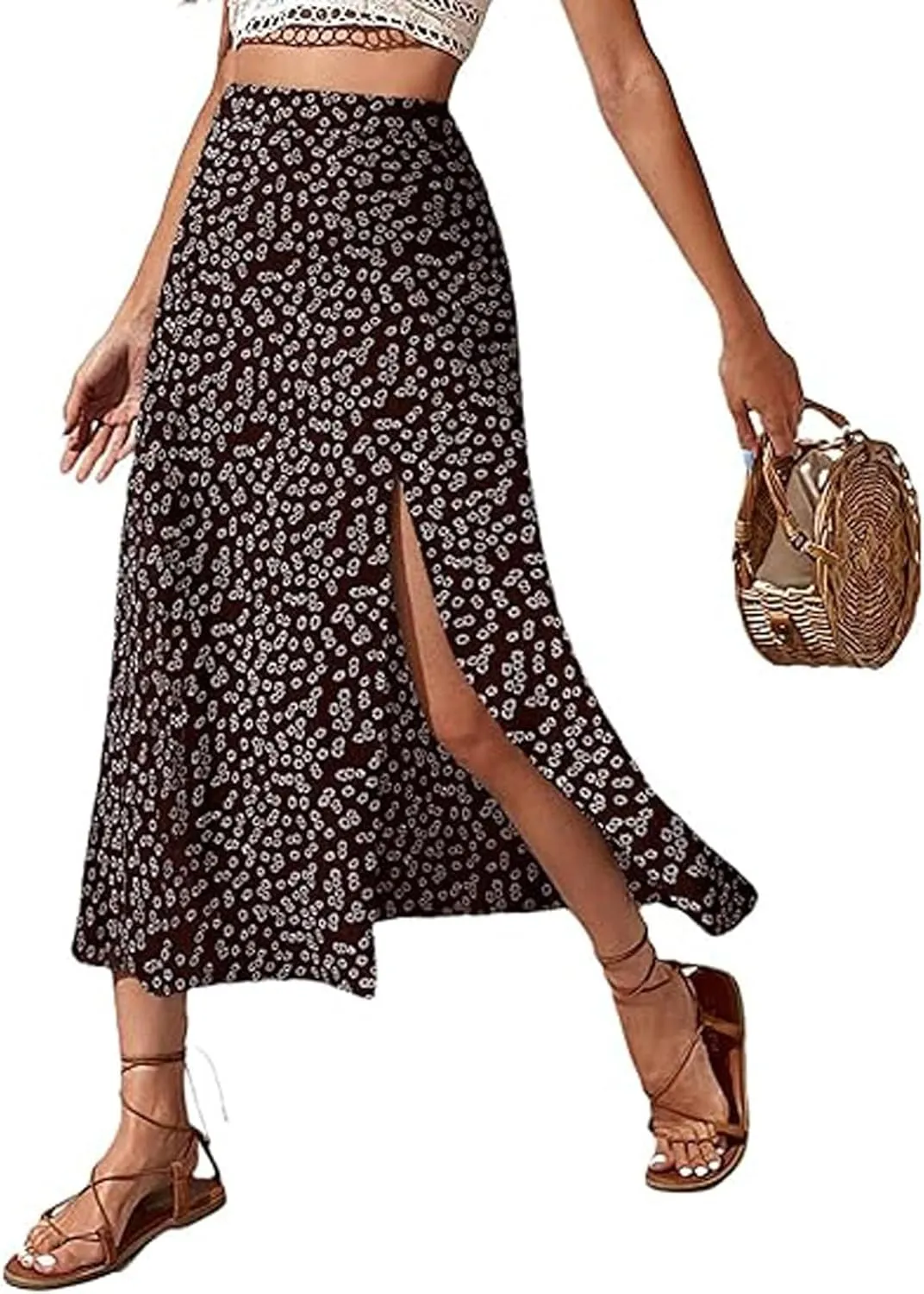 Floral Maxi Skirt for Women High Waist Side Slit Flowy Midi Skirts Boho Print 2025 Summer Vacation Beach Long Skirt