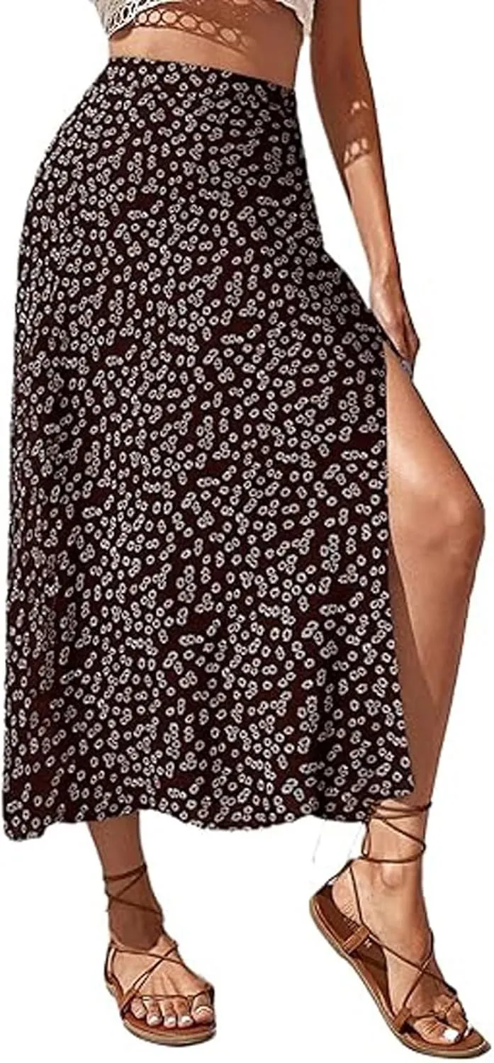 Floral Maxi Skirt for Women High Waist Side Slit Flowy Midi Skirts Boho Print 2025 Summer Vacation Beach Long Skirt