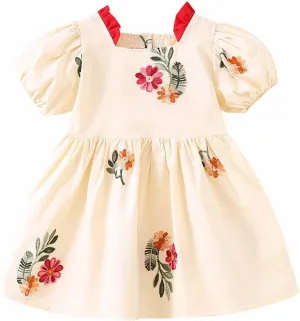 Girl Square Neck Dresses for Girl Puff Sleeve Color Block Graphic Cute Pleated Mini Short Summer Spring Clothes 2025