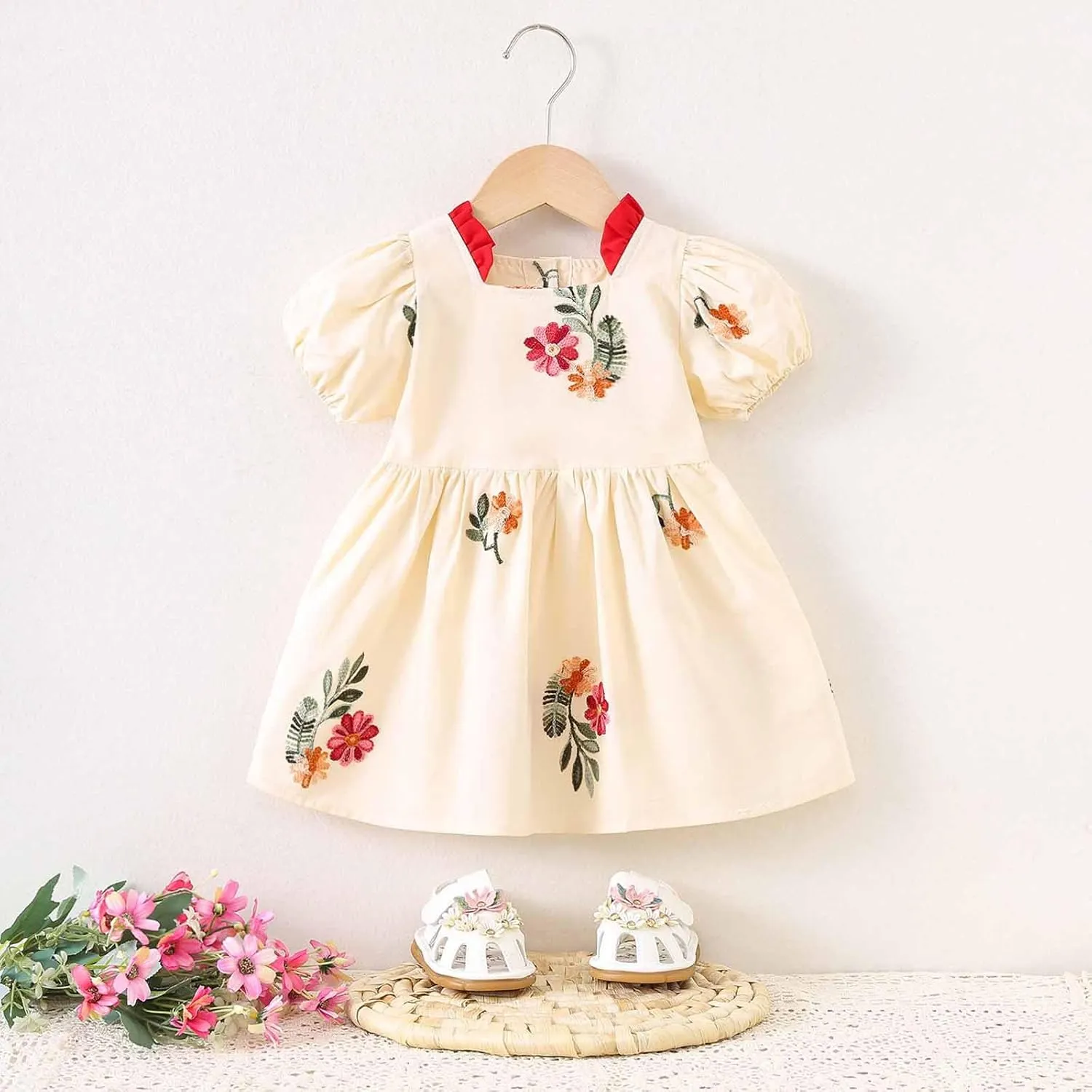 Girl Square Neck Dresses for Girl Puff Sleeve Color Block Graphic Cute Pleated Mini Short Summer Spring Clothes 2025