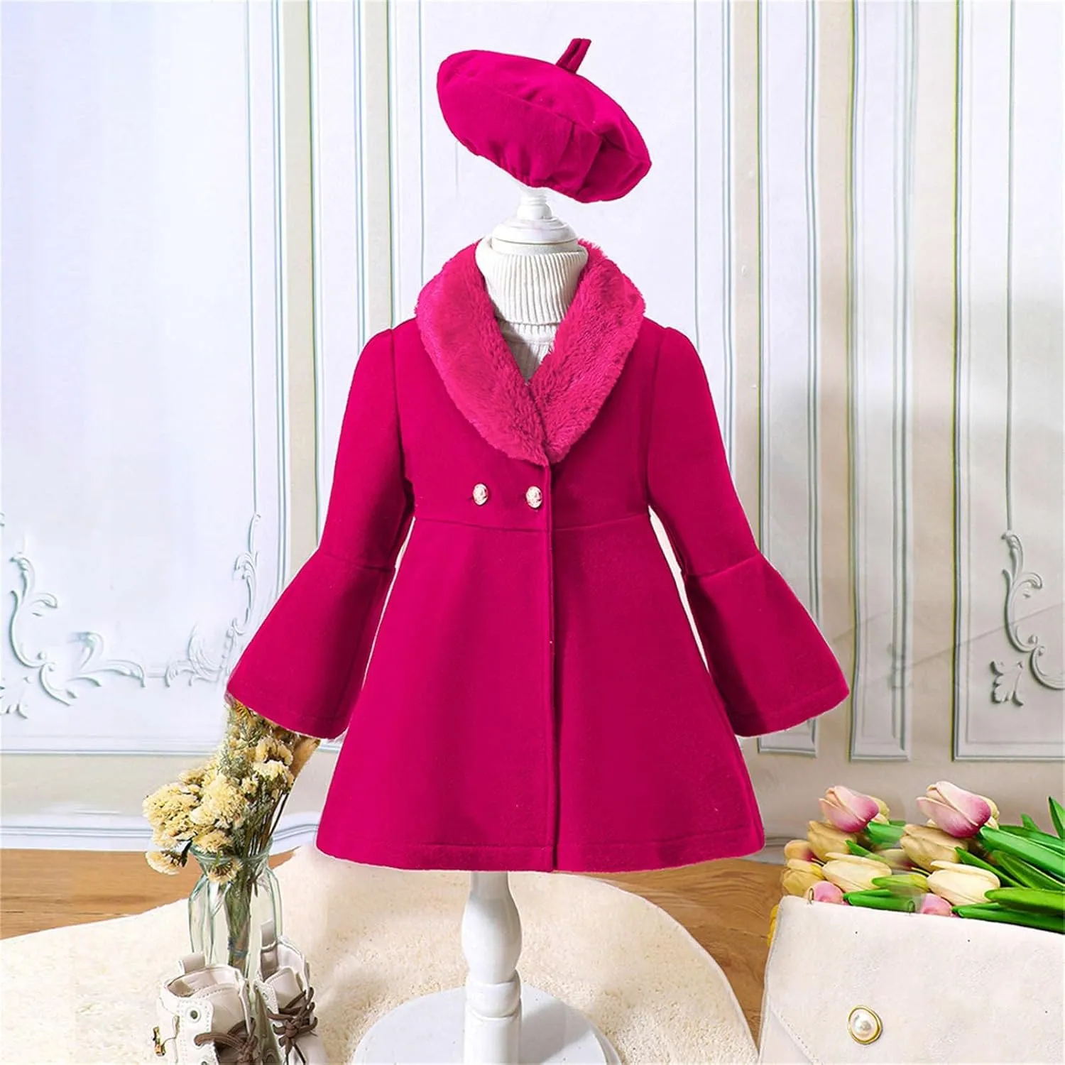 Girls Trench Coats Long Sleeve Furry Collar Warm Peacoat with Beret Hat Set for Casual Wear Toddler