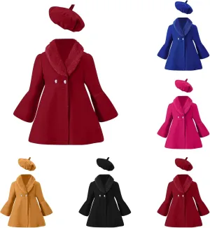 Girls Trench Coats Long Sleeve Furry Collar Warm Peacoat with Beret Hat Set for Casual Wear Toddler