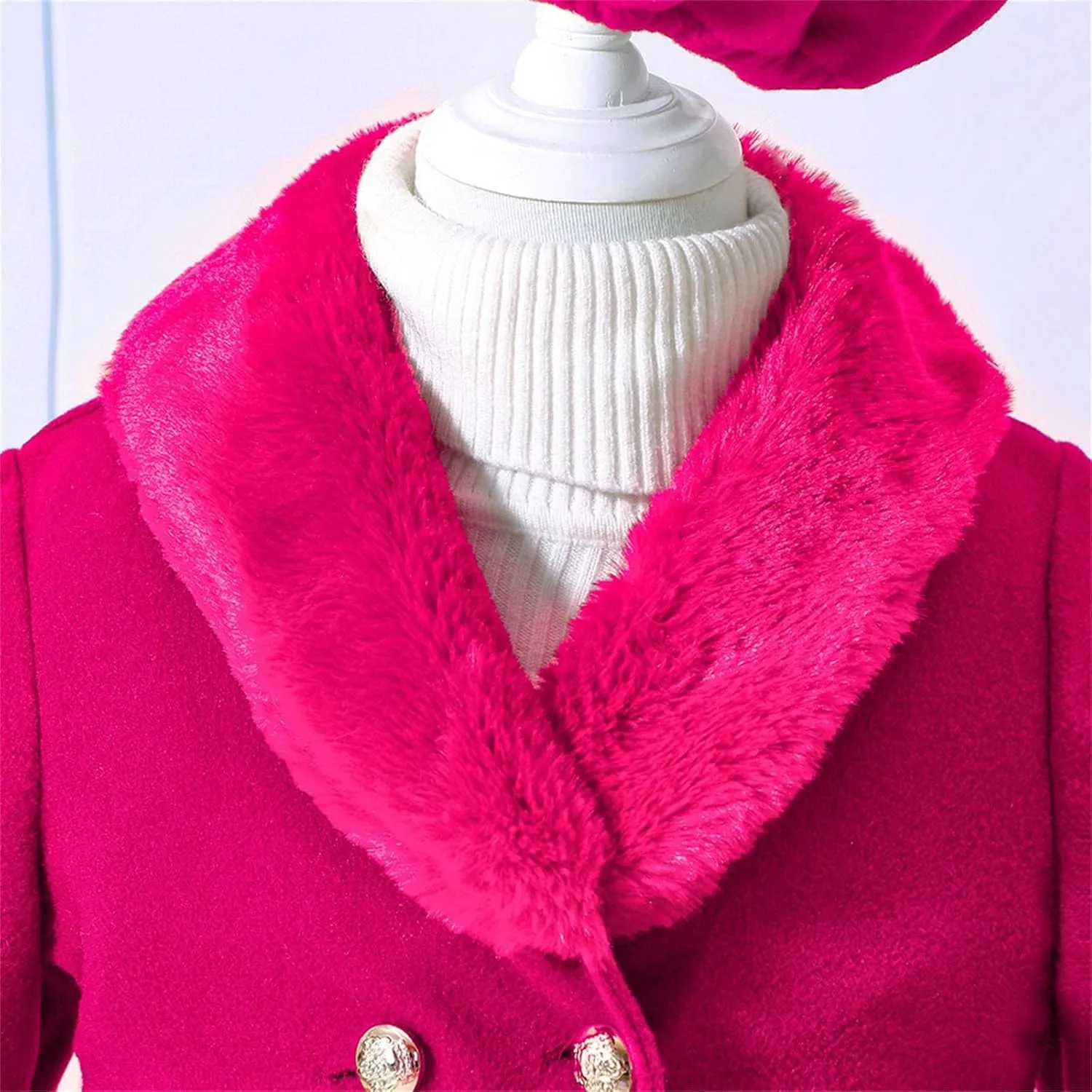 Girls Trench Coats Long Sleeve Furry Collar Warm Peacoat with Beret Hat Set for Casual Wear Toddler