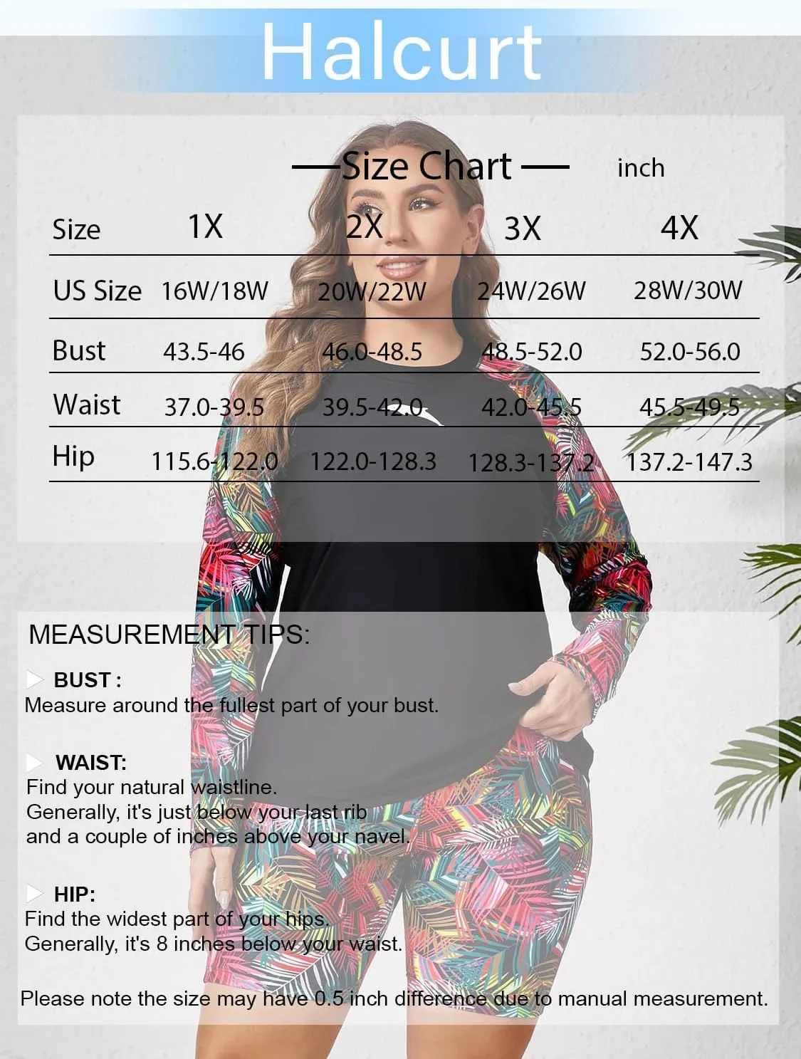 Halcurt Women's Built in Bra Long Sleeve Rash Guard Plus Size 2 Piece Swimsuit Shirt and Shorts