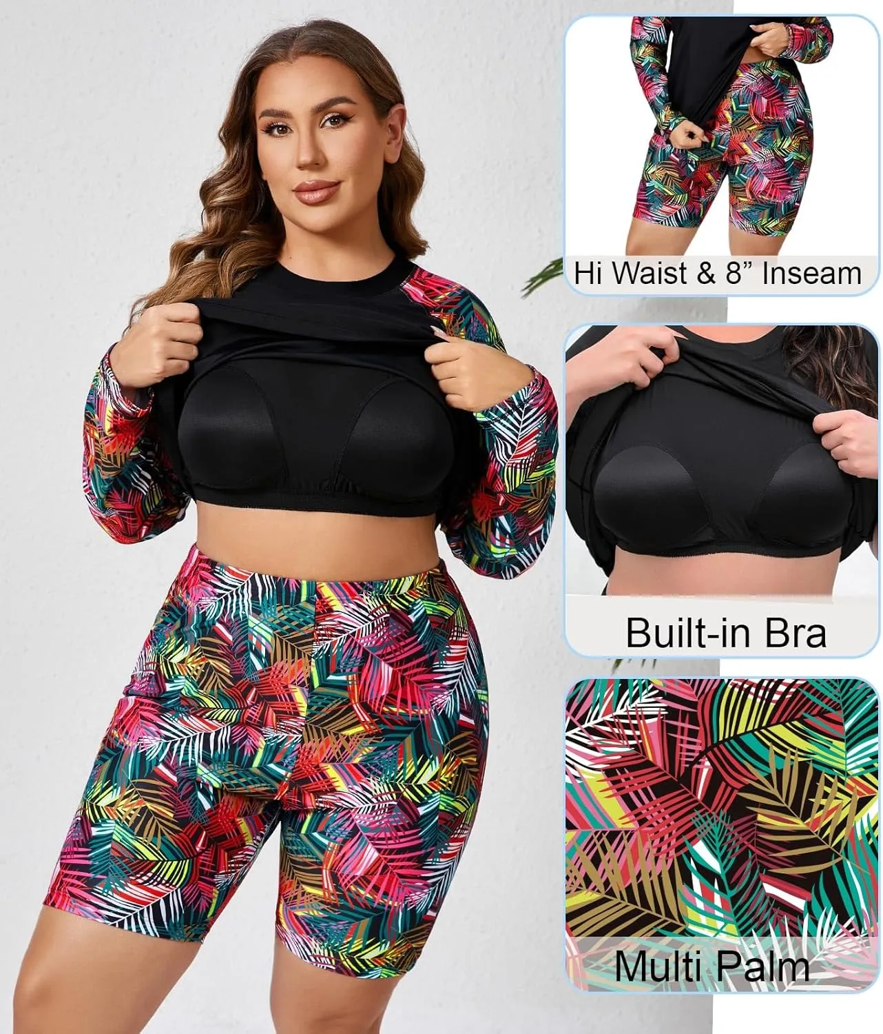 Halcurt Women's Built in Bra Long Sleeve Rash Guard Plus Size 2 Piece Swimsuit Shirt and Shorts