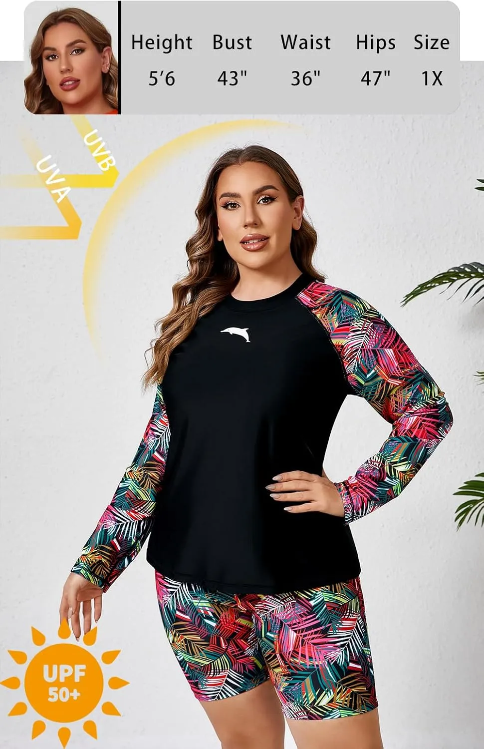 Halcurt Women's Built in Bra Long Sleeve Rash Guard Plus Size 2 Piece Swimsuit Shirt and Shorts