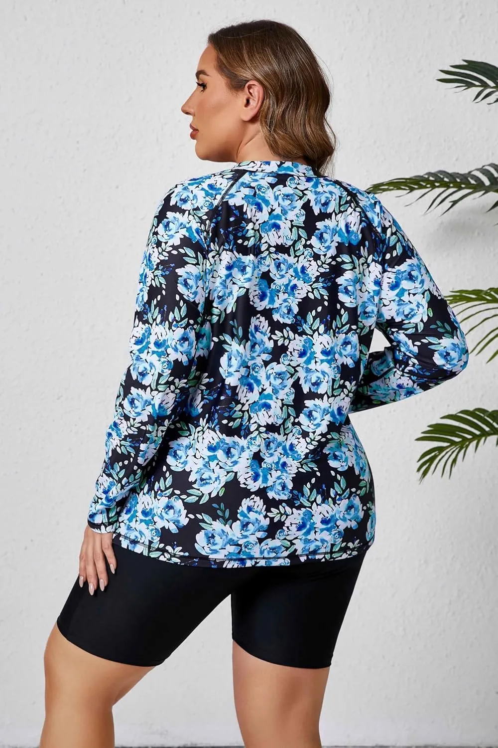 Halcurt Women's Built in Bra Long Sleeve Rash Guard Plus Size 2 Piece Swimsuit Shirt and Shorts