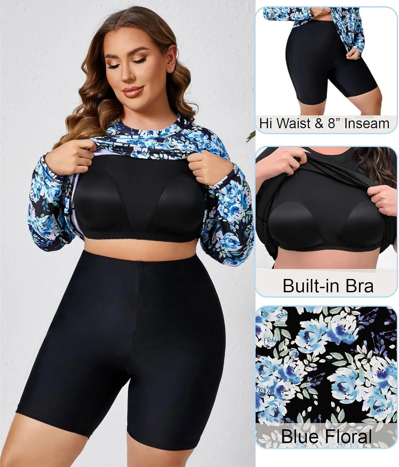 Halcurt Women's Built in Bra Long Sleeve Rash Guard Plus Size 2 Piece Swimsuit Shirt and Shorts