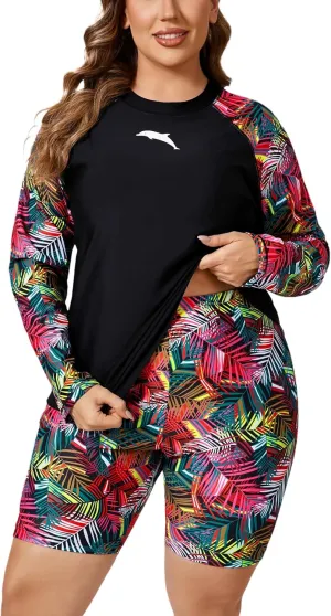 Halcurt Women's Built in Bra Long Sleeve Rash Guard Plus Size 2 Piece Swimsuit Shirt and Shorts