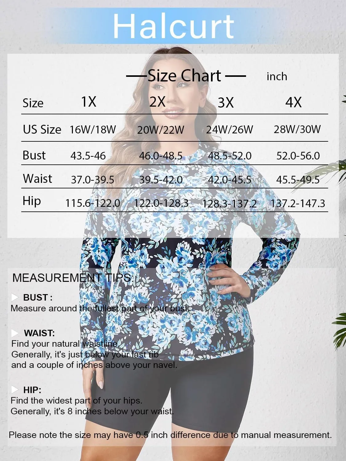 Halcurt Women's Built in Bra Long Sleeve Rash Guard Plus Size 2 Piece Swimsuit Shirt and Shorts