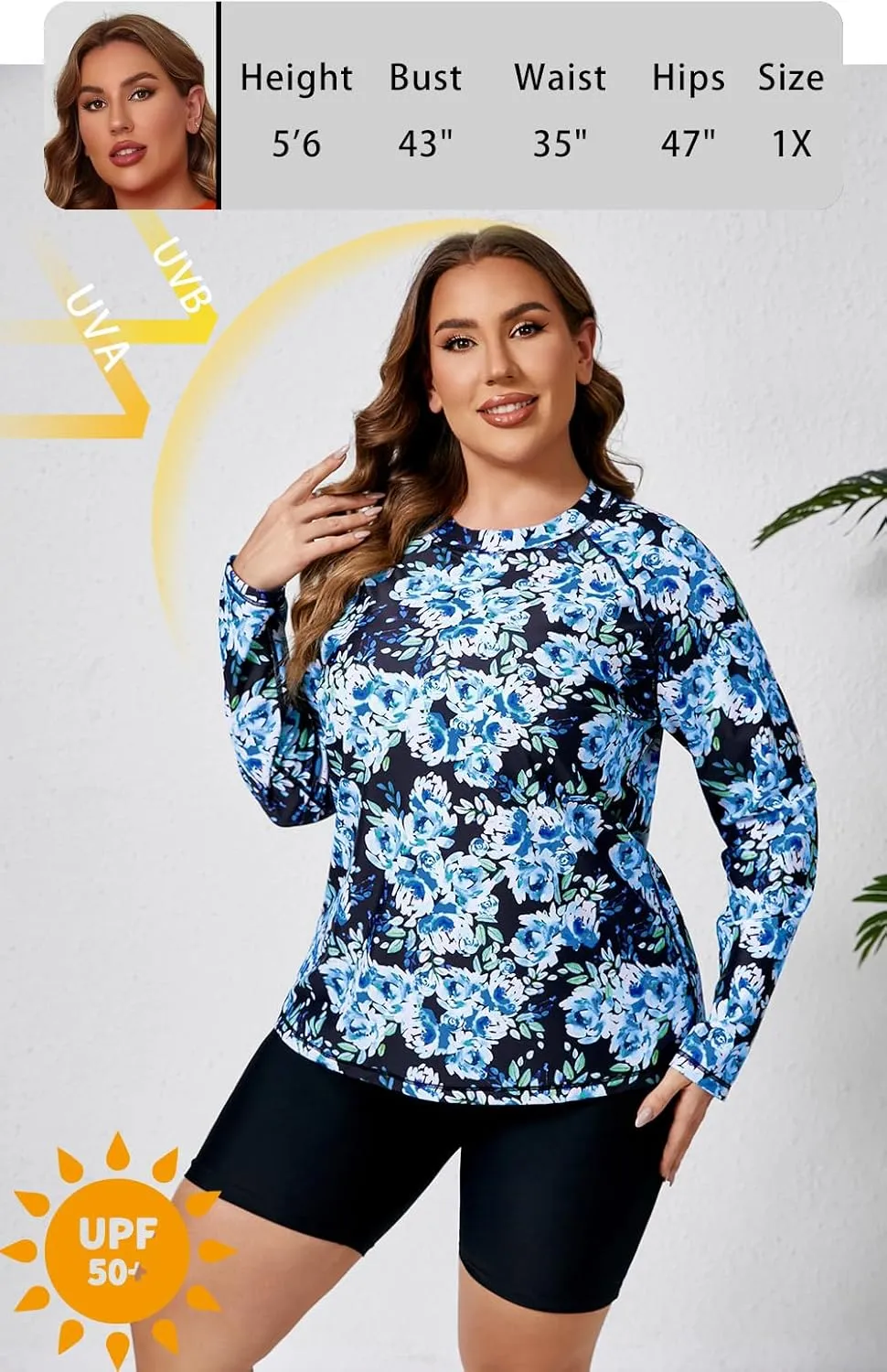 Halcurt Women's Built in Bra Long Sleeve Rash Guard Plus Size 2 Piece Swimsuit Shirt and Shorts
