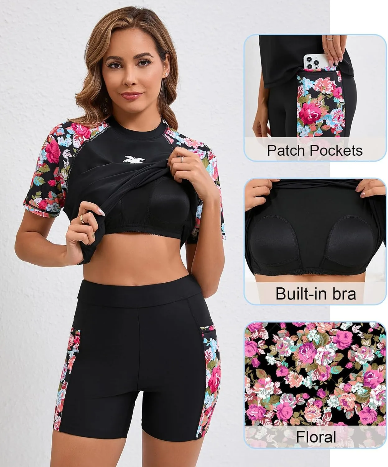 Halcurt Women's Two Piece Rash Guard Swim Shirts Built in Bra Swimsuit with Boyshorts with Pockets