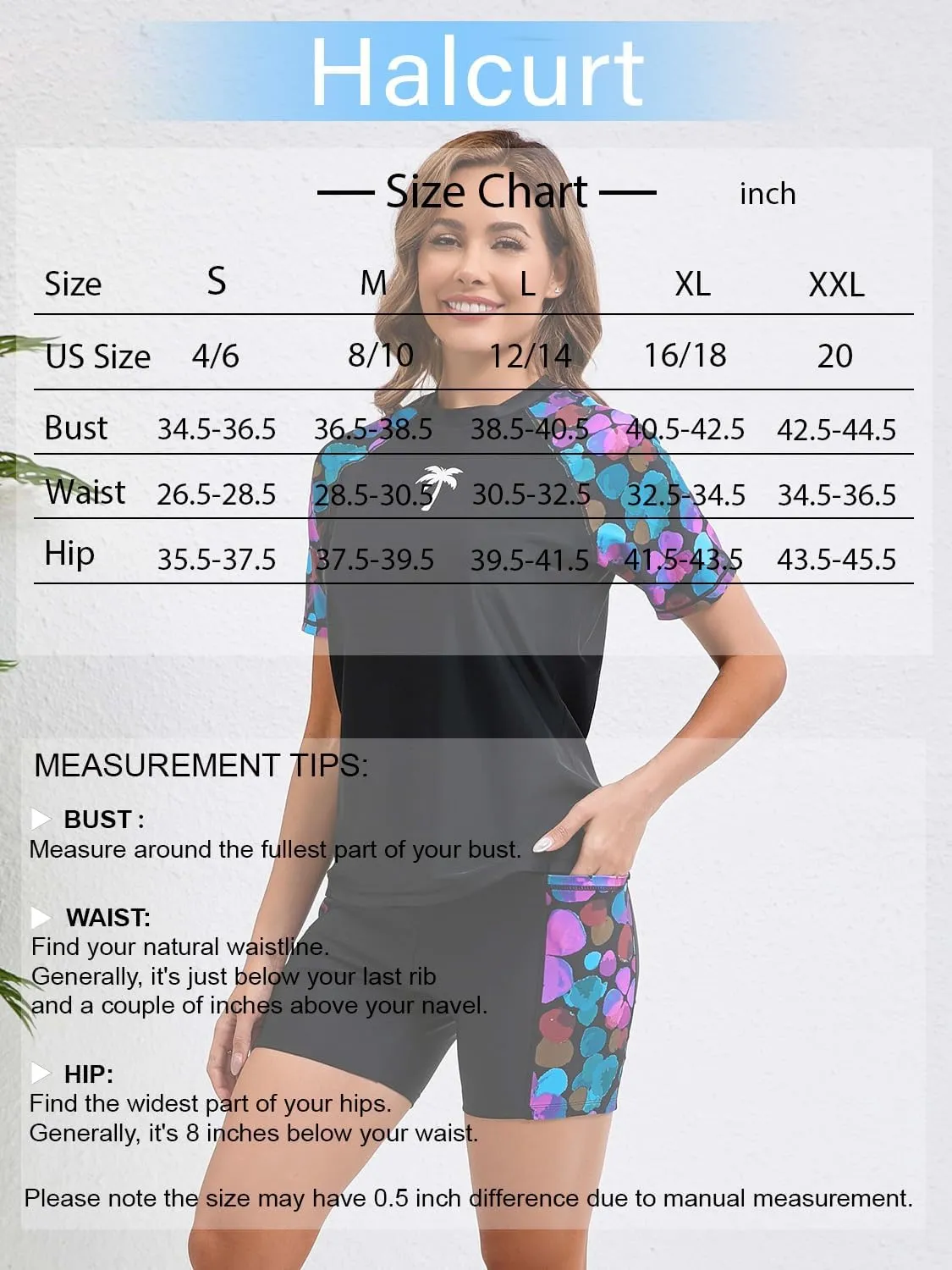 Halcurt Women's Two Piece Rash Guard Swim Shirts Built in Bra Swimsuit with Boyshorts with Pockets