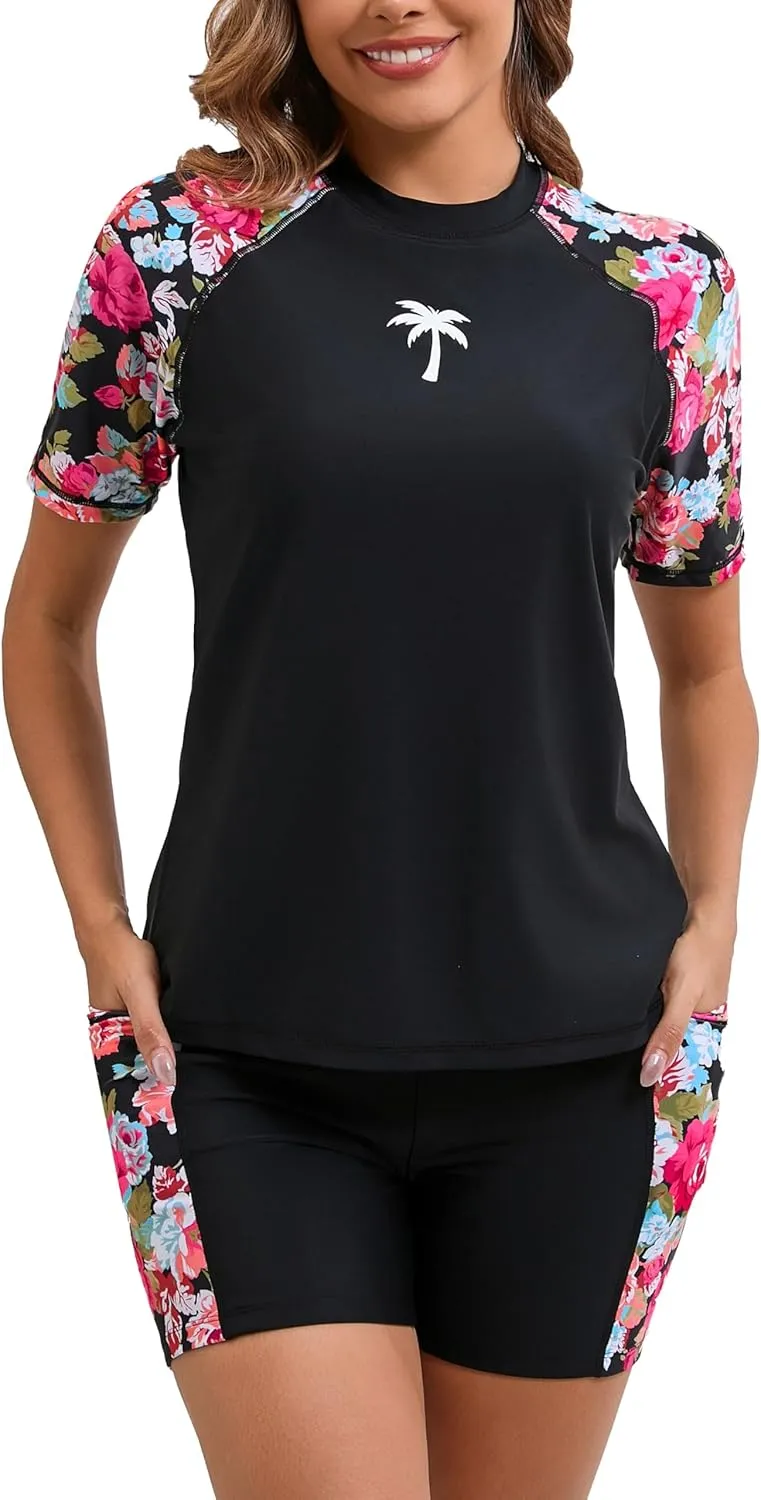 Halcurt Women's Two Piece Rash Guard Swim Shirts Built in Bra Swimsuit with Boyshorts with Pockets