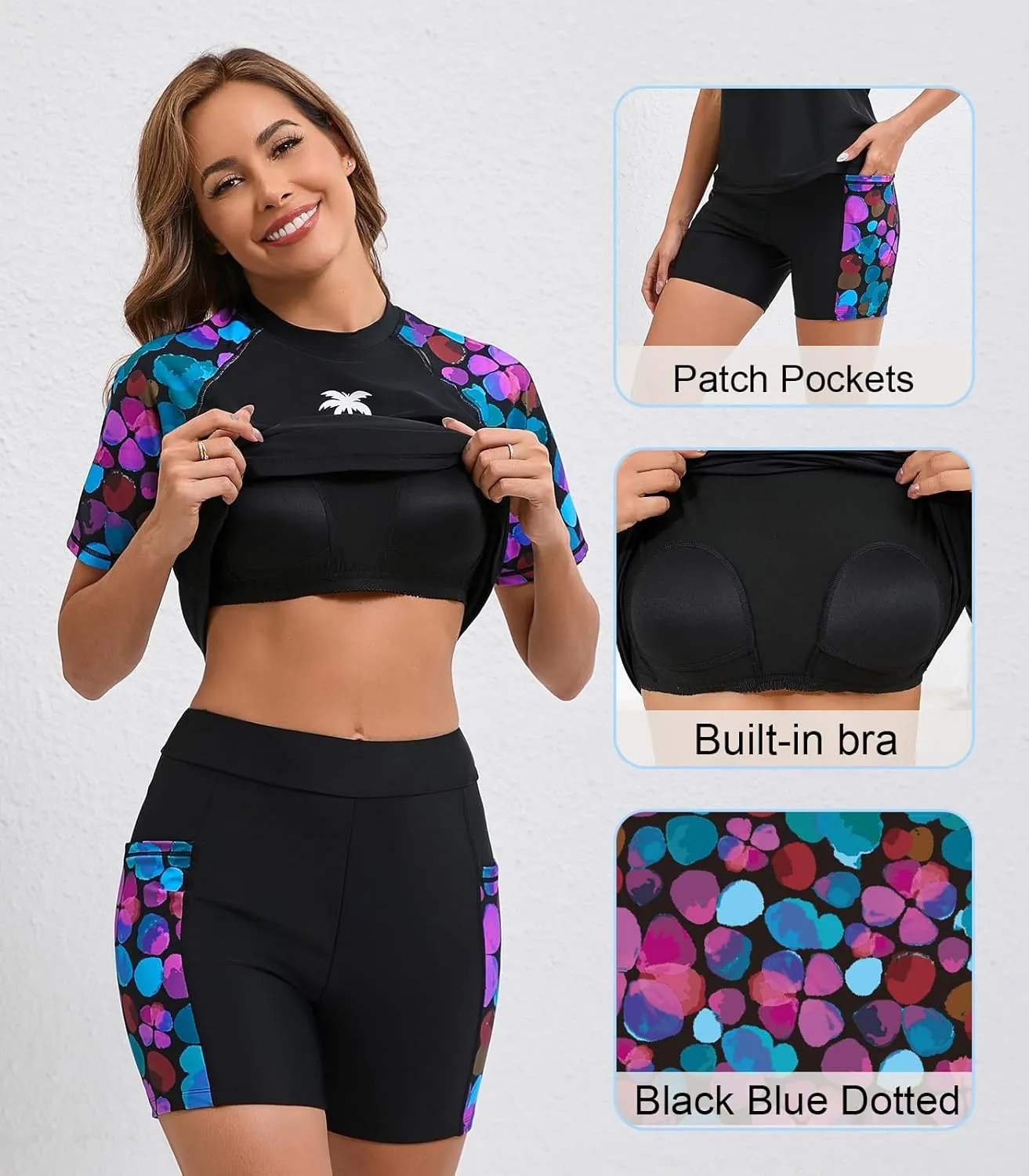 Halcurt Women's Two Piece Rash Guard Swim Shirts Built in Bra Swimsuit with Boyshorts with Pockets
