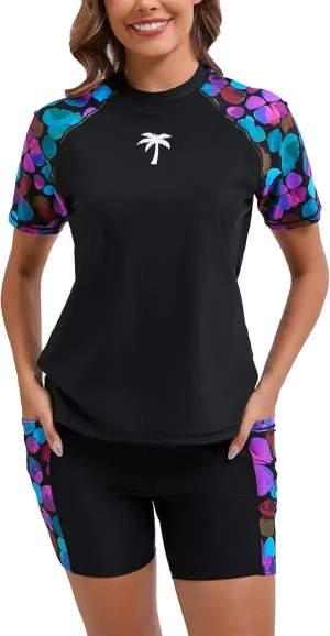 Halcurt Women's Two Piece Rash Guard Swim Shirts Built in Bra Swimsuit with Boyshorts with Pockets