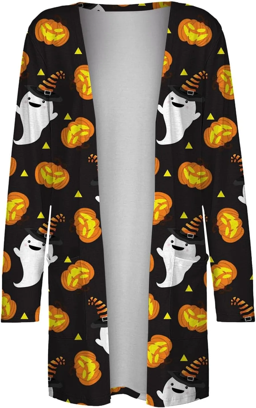 Halloween Cardigan for Women Cute Spooky Pattern Cardigans Pumpkin Print Knitting Cardigans Long Sleeve Open Front Sweaters