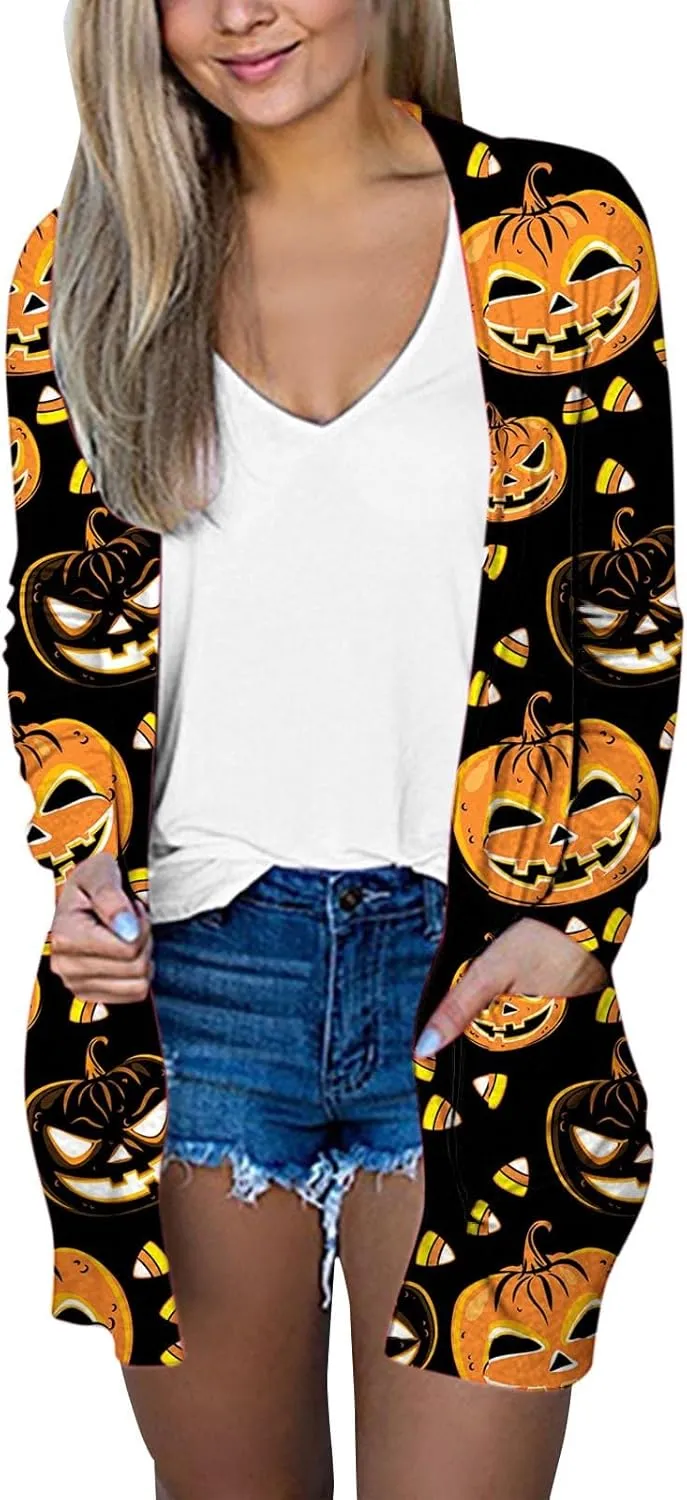 Halloween Cardigan for Women Cute Spooky Pattern Cardigans Pumpkin Print Knitting Cardigans Long Sleeve Open Front Sweaters