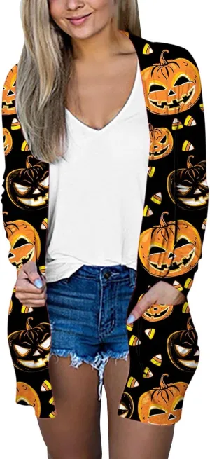 Halloween Cardigan for Women Cute Spooky Pattern Cardigans Pumpkin Print Knitting Cardigans Long Sleeve Open Front Sweaters