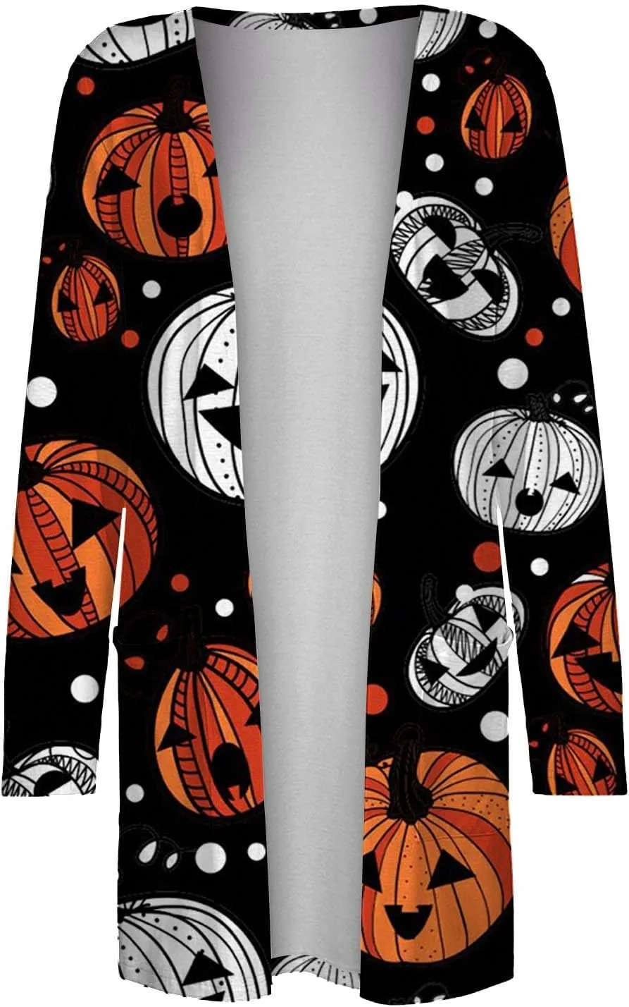 Halloween Cardigan for Women Cute Spooky Pattern Cardigans Pumpkin Print Knitting Cardigans Long Sleeve Open Front Sweaters