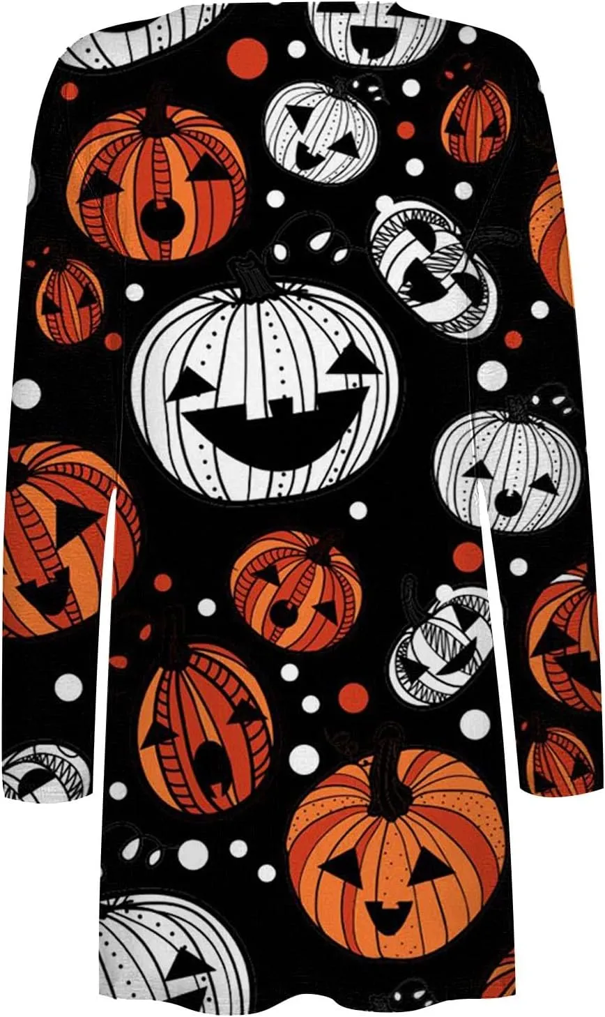 Halloween Cardigan for Women Cute Spooky Pattern Cardigans Pumpkin Print Knitting Cardigans Long Sleeve Open Front Sweaters