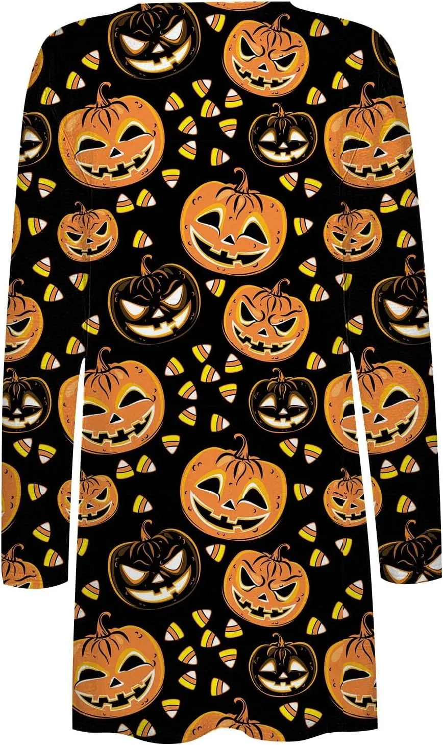 Halloween Cardigan for Women Cute Spooky Pattern Cardigans Pumpkin Print Knitting Cardigans Long Sleeve Open Front Sweaters