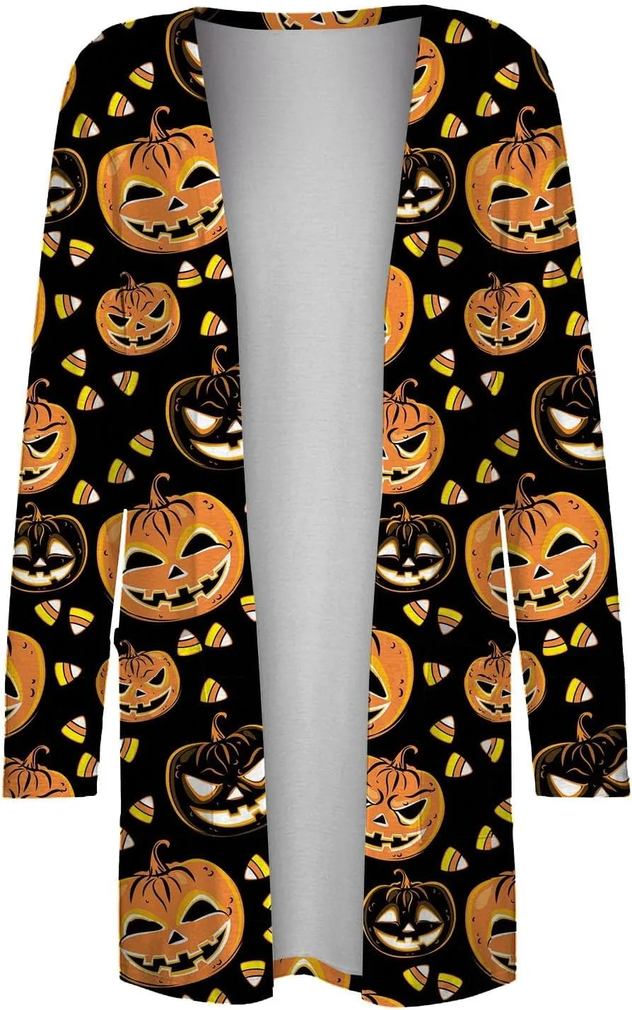 Halloween Cardigan for Women Cute Spooky Pattern Cardigans Pumpkin Print Knitting Cardigans Long Sleeve Open Front Sweaters