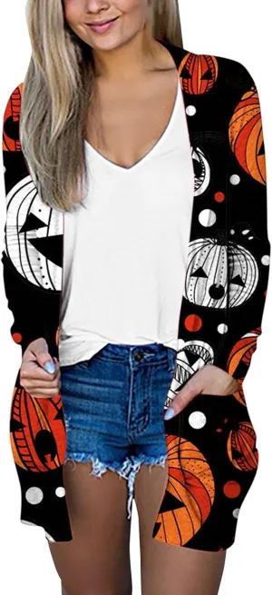 Halloween Cardigan for Women Cute Spooky Pattern Cardigans Pumpkin Print Knitting Cardigans Long Sleeve Open Front Sweaters