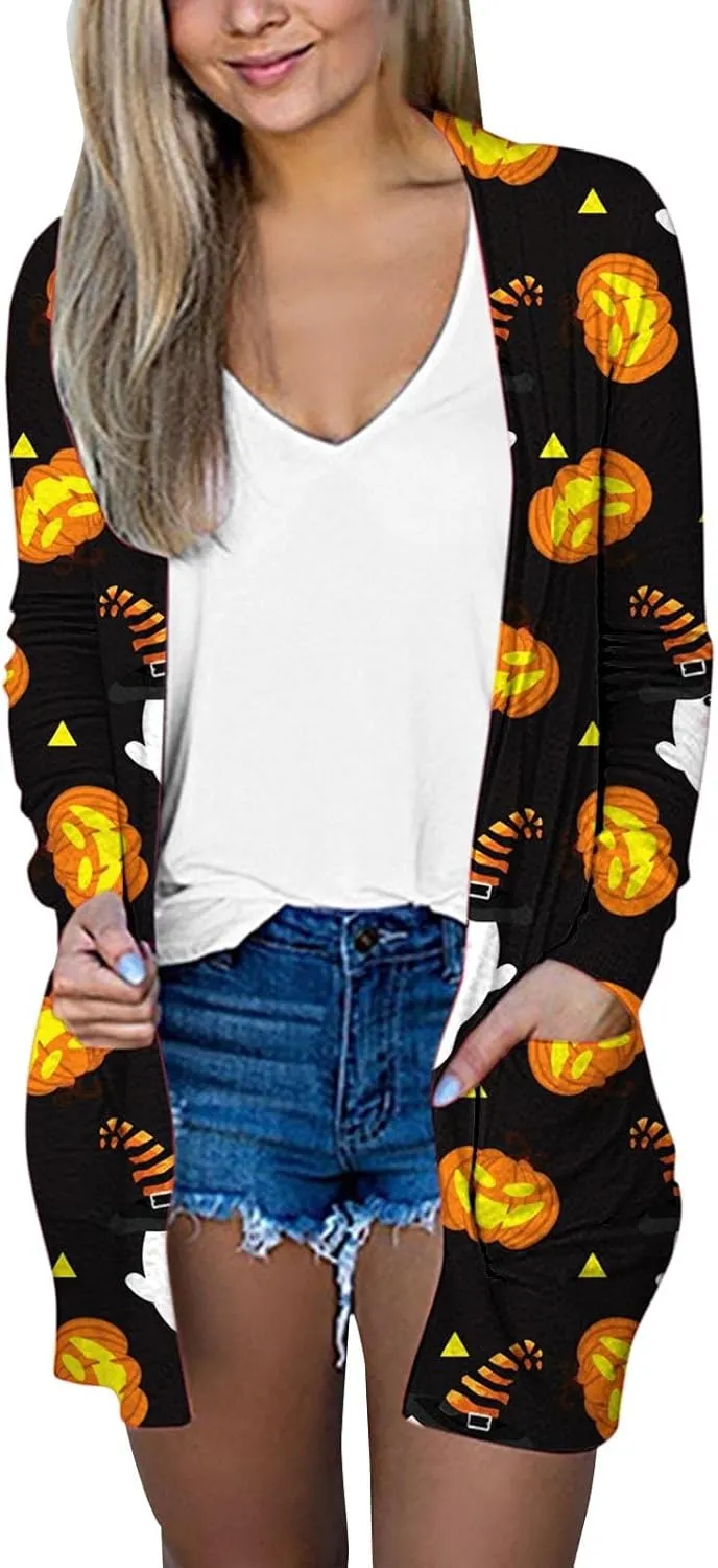 Halloween Cardigan for Women Cute Spooky Pattern Cardigans Pumpkin Print Knitting Cardigans Long Sleeve Open Front Sweaters