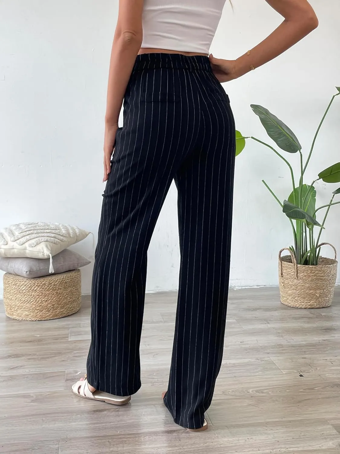 heipeiwa Women's Linen Casual High Waist Wide Leg Straight Dress Cotton Linen Pants Button Trousers