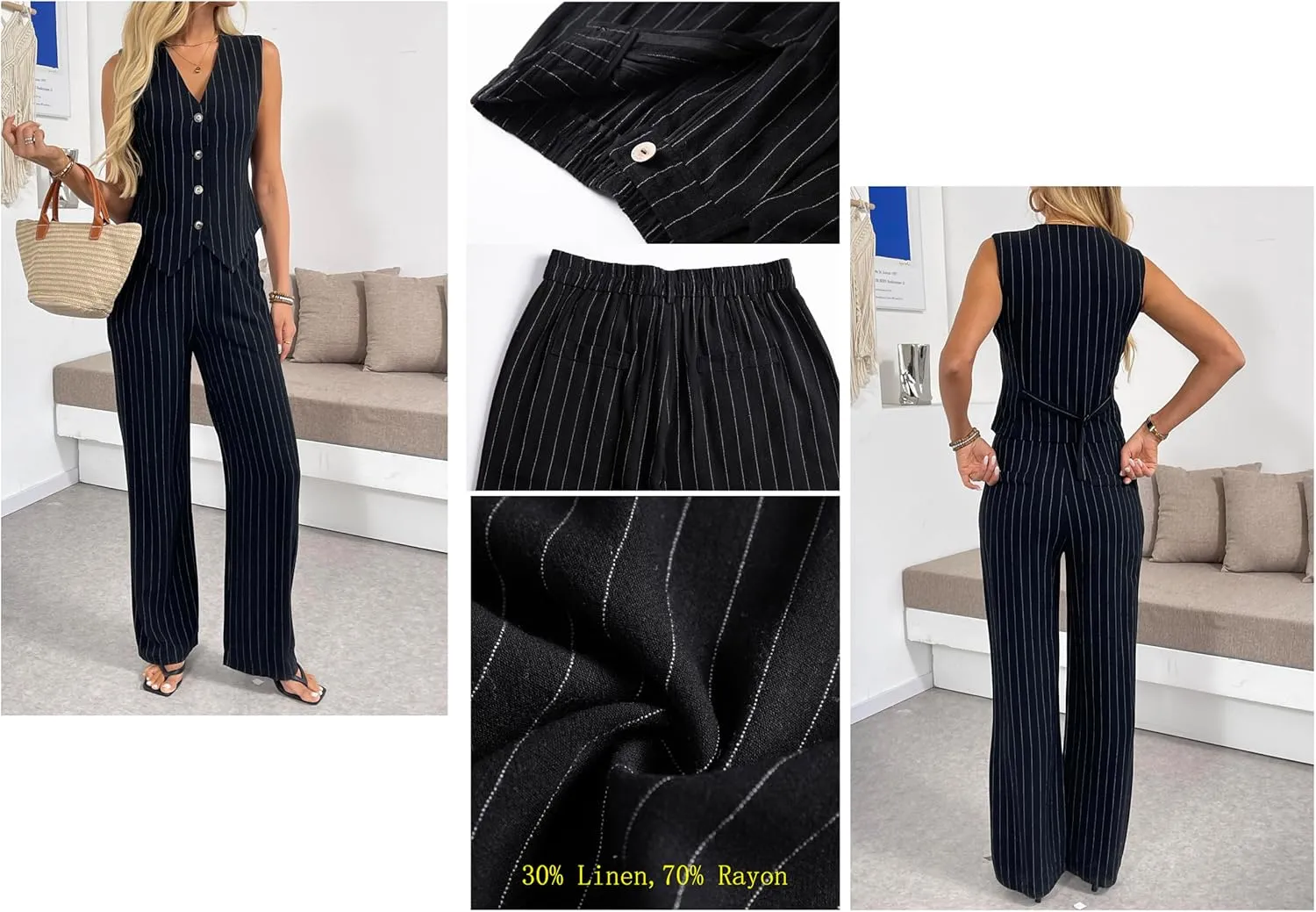 heipeiwa Women's Linen Casual High Waist Wide Leg Straight Dress Cotton Linen Pants Button Trousers
