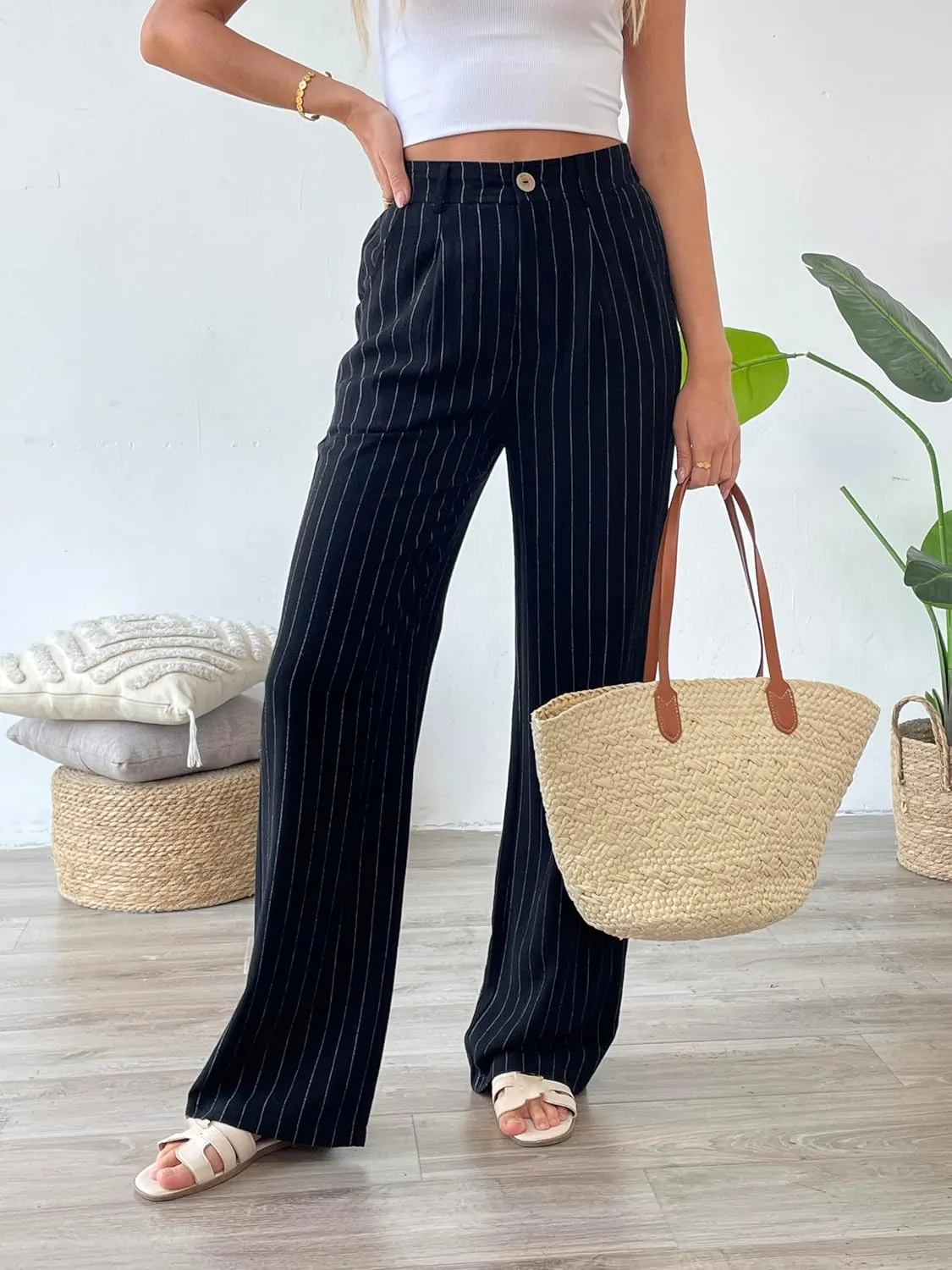 heipeiwa Women's Linen Casual High Waist Wide Leg Straight Dress Cotton Linen Pants Button Trousers