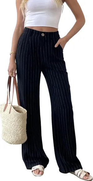 heipeiwa Women's Linen Casual High Waist Wide Leg Straight Dress Cotton Linen Pants Button Trousers