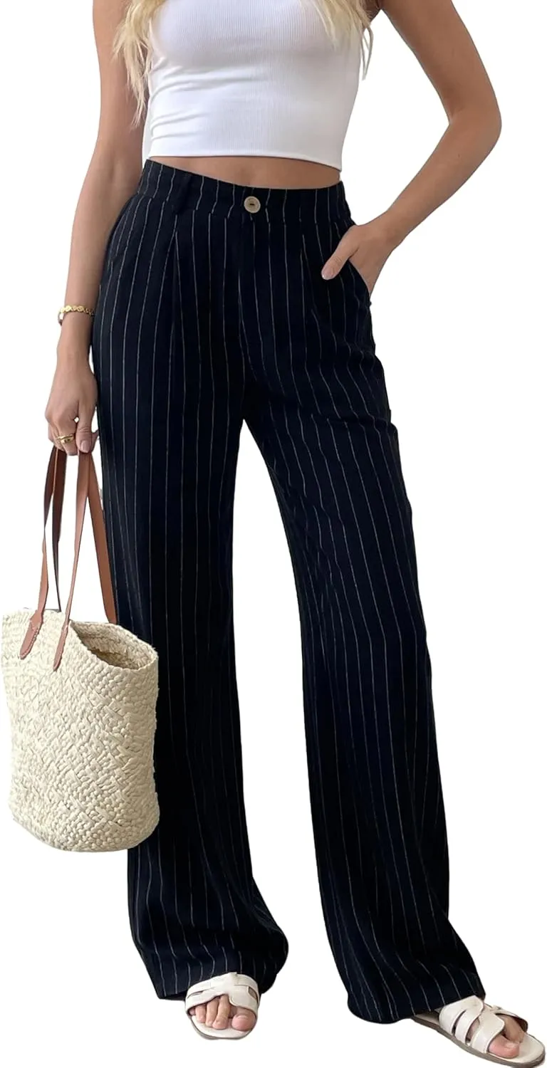 heipeiwa Women's Linen Casual High Waist Wide Leg Straight Dress Cotton Linen Pants Button Trousers