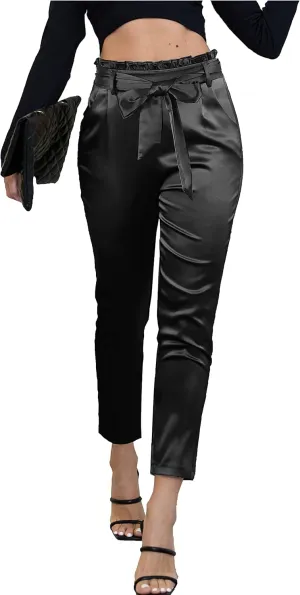 heipeiwa Womens Satin Pants Casual Dress High Waist Bow-Knot Cropped Paper Bag Pants