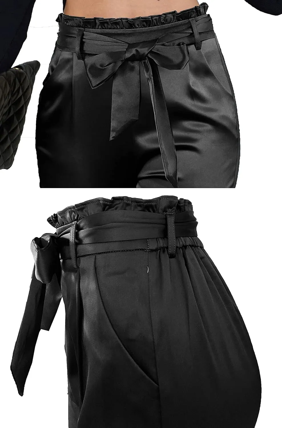 heipeiwa Womens Satin Pants Casual Dress High Waist Bow-Knot Cropped Paper Bag Pants