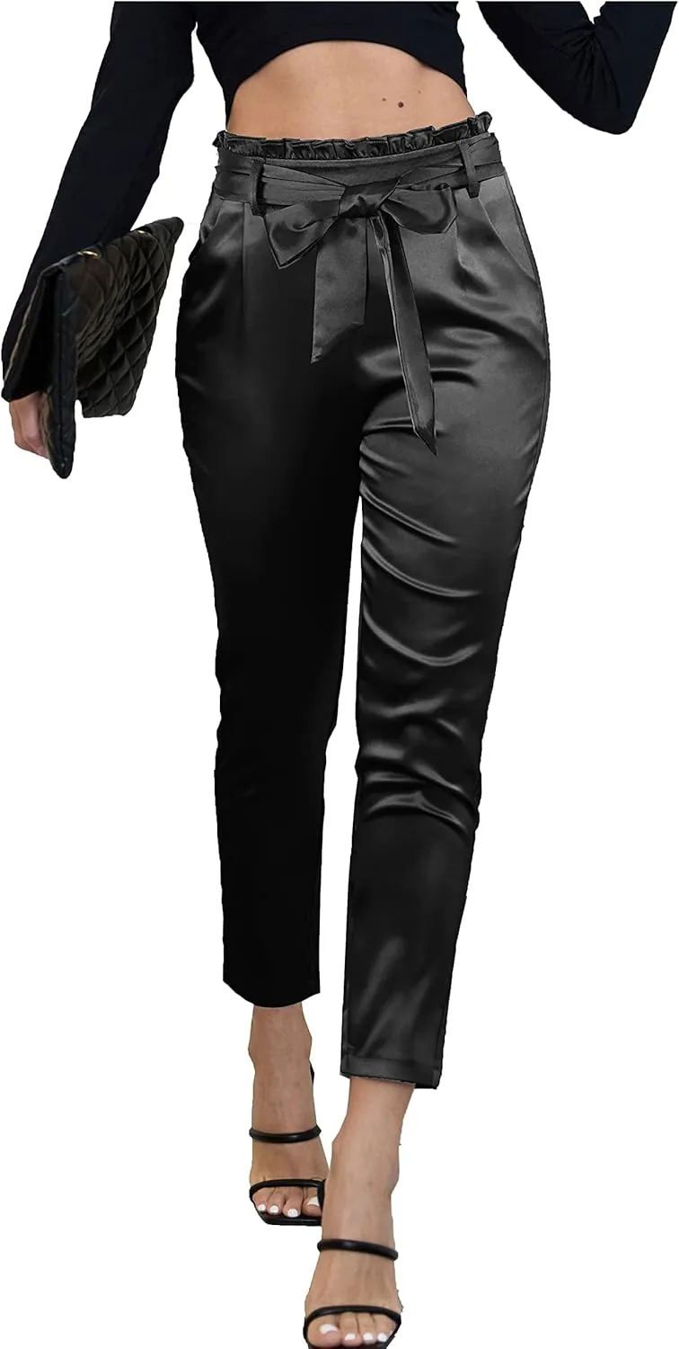 heipeiwa Womens Satin Pants Casual Dress High Waist Bow-Knot Cropped Paper Bag Pants