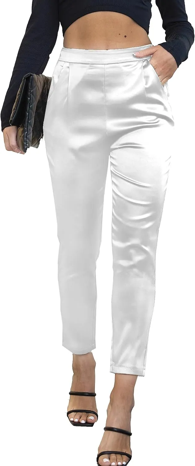 heipeiwa Women's Satin Pants Dress Casual Pleated Pull on High Waist Pants Baggy Front Tapered Trouser