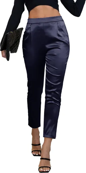 heipeiwa Women's Satin Pants Dress Casual Pleated Pull on High Waist Pants Baggy Front Tapered Trouser