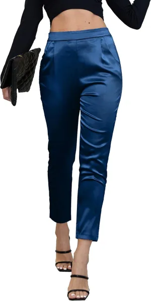 heipeiwa Women's Satin Pants Dress Casual Pleated Pull on High Waist Pants Baggy Front Tapered Trouser