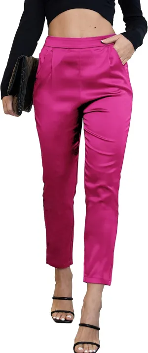 heipeiwa Women's Satin Pants Dress Casual Pleated Pull on High Waist Pants Baggy Front Tapered Trouser