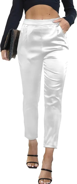 heipeiwa Women's Satin Pants Dress Casual Pleated Pull on High Waist Pants Baggy Front Tapered Trouser