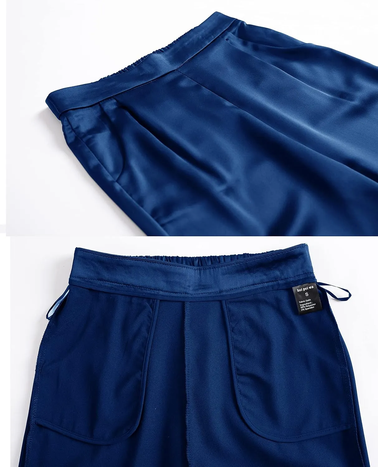 heipeiwa Women's Satin Pants Dress Casual Pleated Pull on High Waist Pants Baggy Front Tapered Trouser