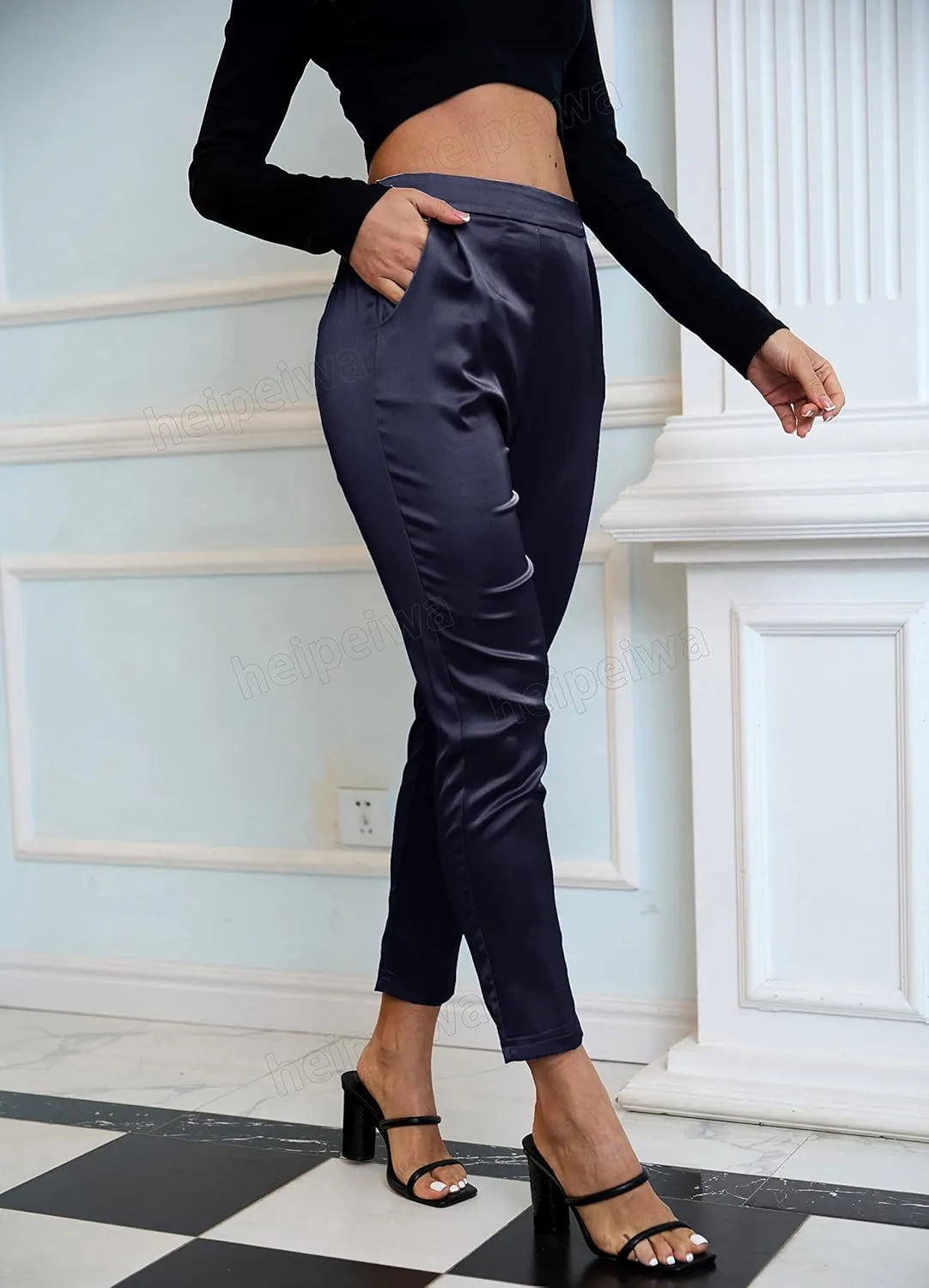heipeiwa Women's Satin Pants Dress Casual Pleated Pull on High Waist Pants Baggy Front Tapered Trouser