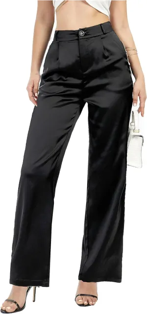 heipeiwa Women's Wide Leg Wedding Party Satin Casual Dress Nightout Pants Long Trouser