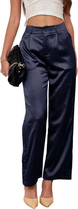 heipeiwa Women's Wide Leg Wedding Party Satin Casual Dress Nightout Pants Long Trouser