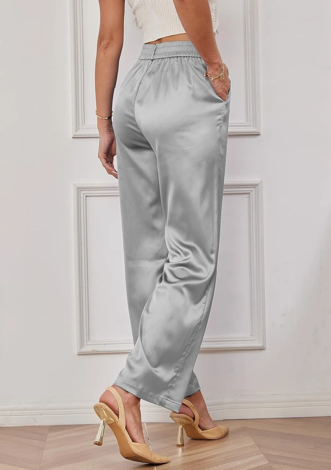 heipeiwa Women's Wide Leg Wedding Party Satin Casual Dress Nightout Pants Long Trouser
