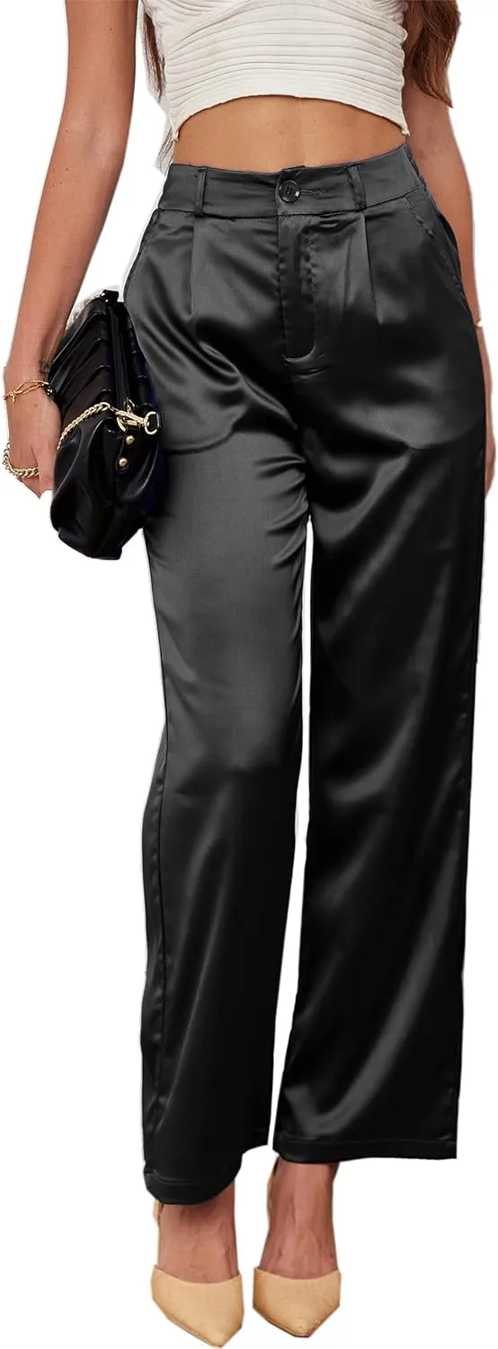 heipeiwa Women's Wide Leg Wedding Party Satin Casual Dress Nightout Pants Long Trouser