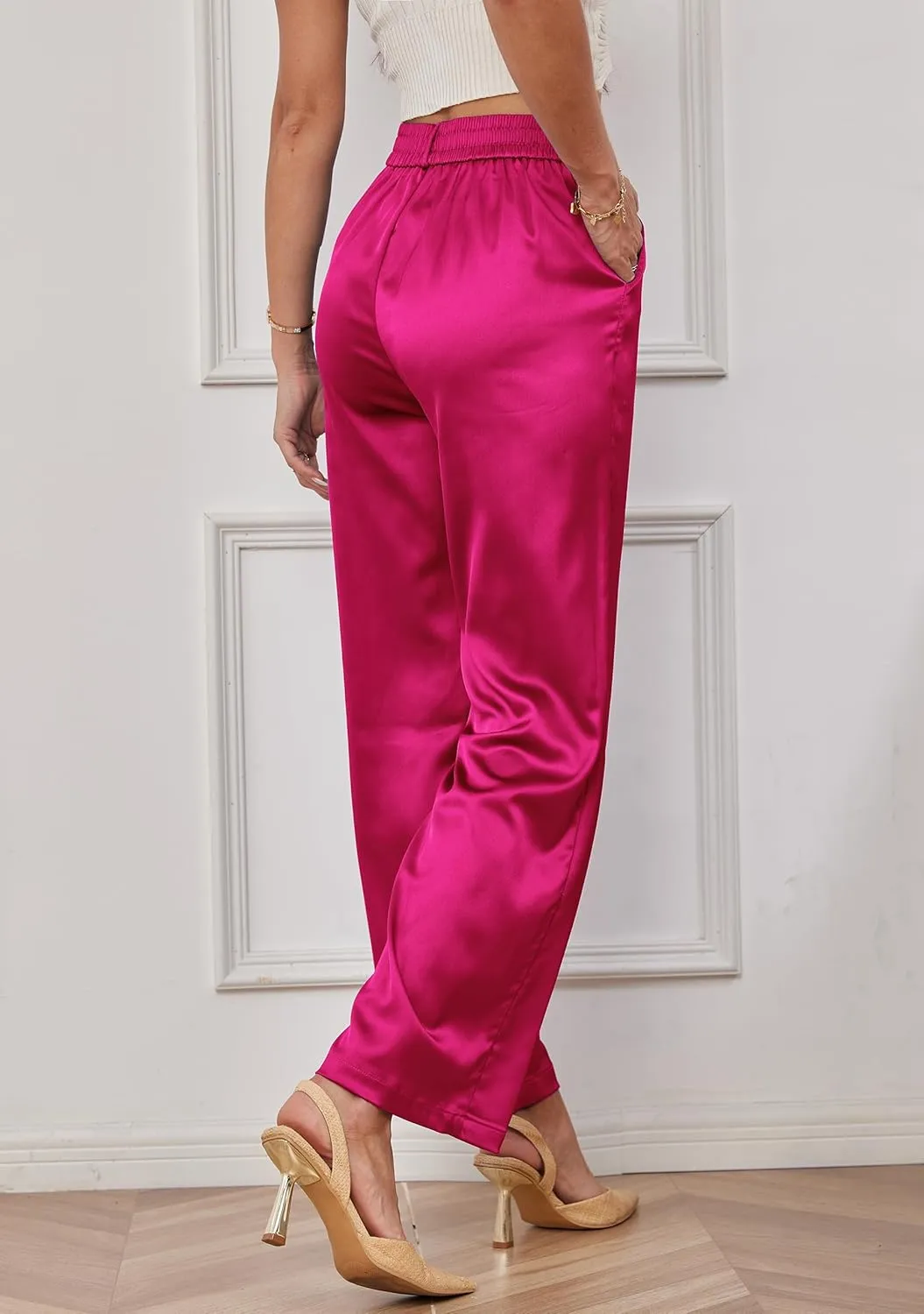 heipeiwa Women's Wide Leg Wedding Party Satin Casual Dress Nightout Pants Long Trouser